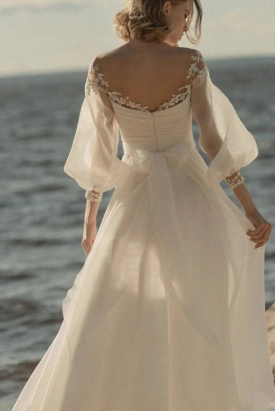 Elegant Simple Beach A - Line Lace Organza Floor Zipper Low - V BackWedding Dress with Sheer Sleeve - KissProm