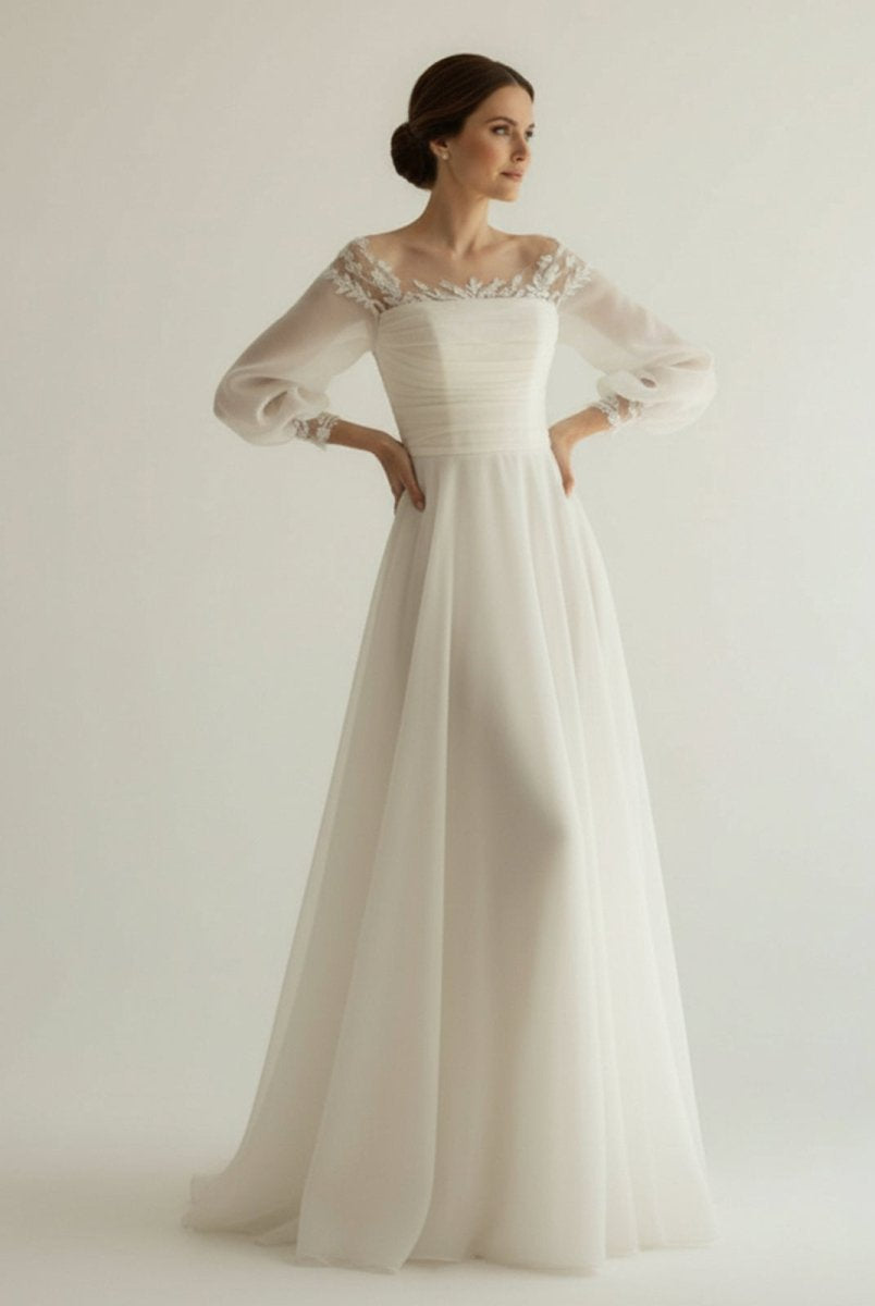 Elegant Simple Beach A - Line Lace Organza Floor Zipper Low - V BackWedding Dress with Sheer Sleeve - KissProm