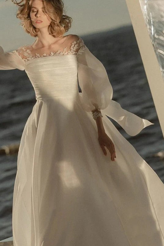 Elegant Simple Beach A - Line Lace Organza Floor Zipper Low - V BackWedding Dress with Sheer Sleeve - KissProm