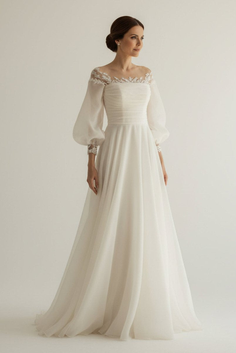 Elegant Simple Beach A - Line Lace Organza Floor Zipper Low - V BackWedding Dress with Sheer Sleeve - KissProm