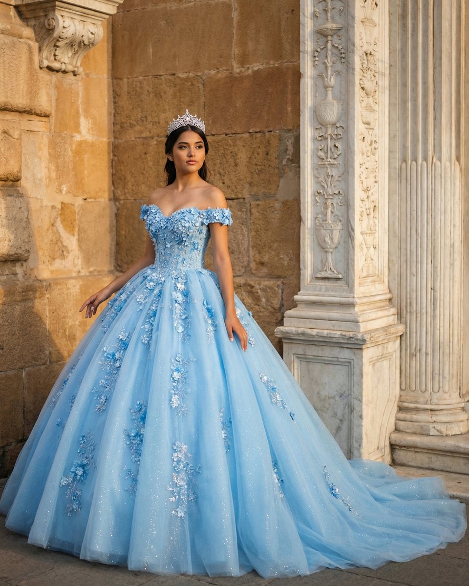 KissProm Quinceanera Dress Elegant Sweetheart Off-the-shoulder Appliques Ball Gown, Sky Blue / Custom Size
