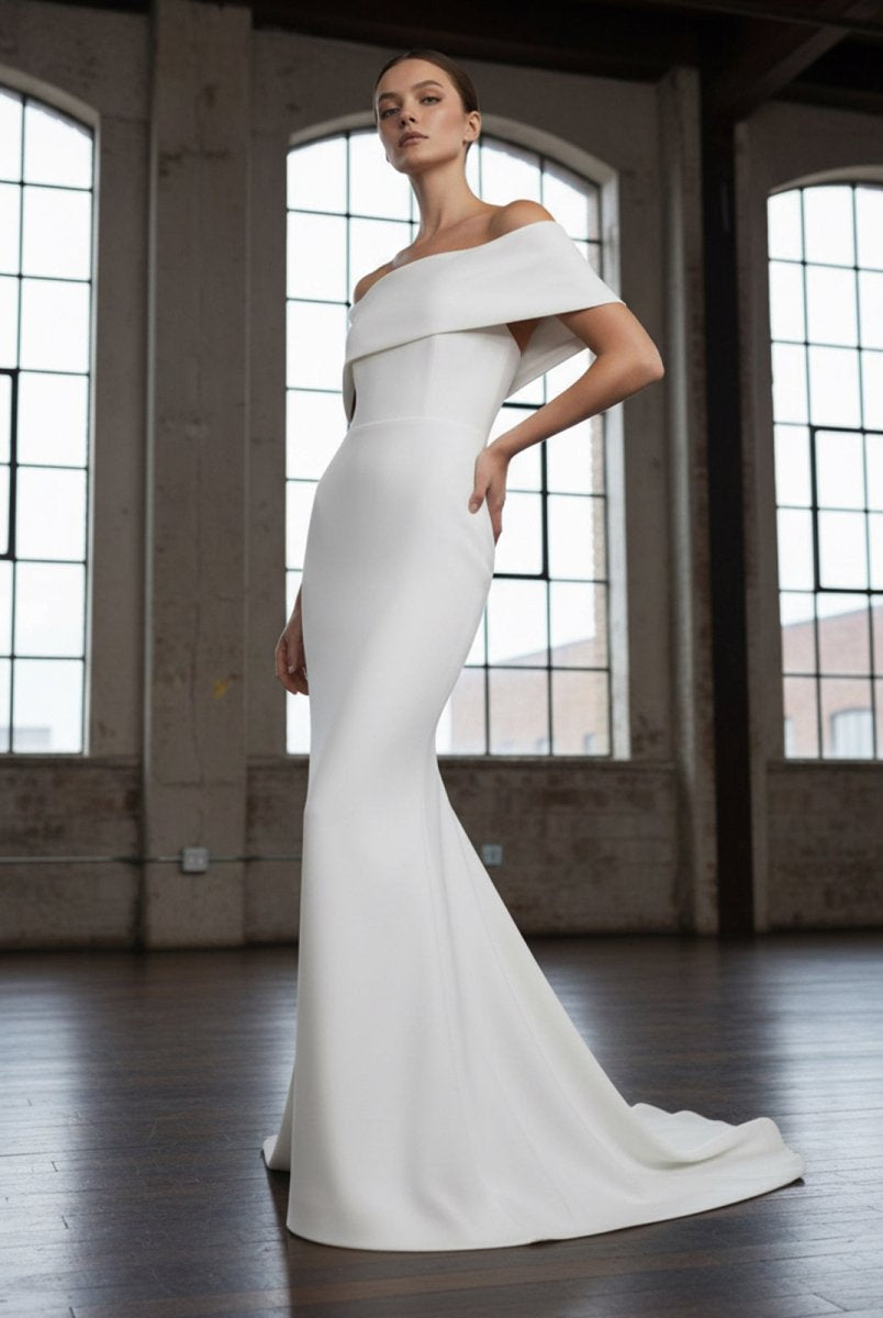 Elegant Trumpet Mermaid Off - The - Shoulder Elastic Satin Wedding Dresses - KissProm