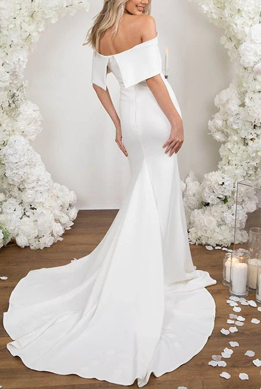 Elegant Trumpet Mermaid Off - The - Shoulder Elastic Satin Wedding Dresses - KissProm