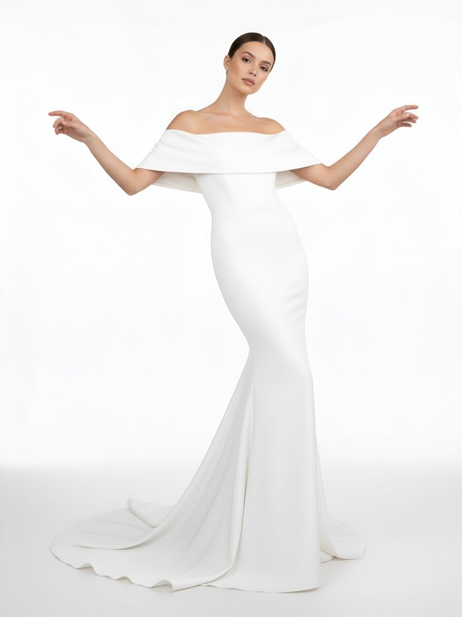 Elegant Trumpet Mermaid Off - The - Shoulder Elastic Satin Wedding Dresses - KissProm