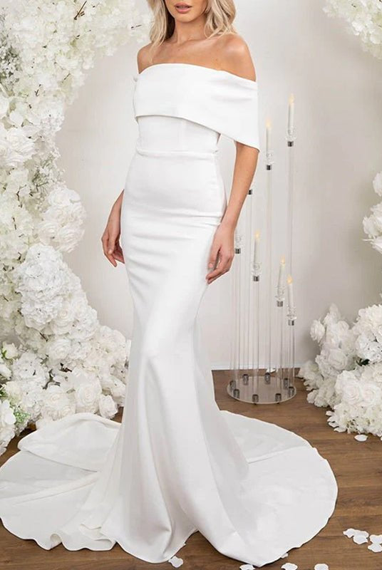 Elegant Trumpet Mermaid Off - The - Shoulder Elastic Satin Wedding Dresses - KissProm
