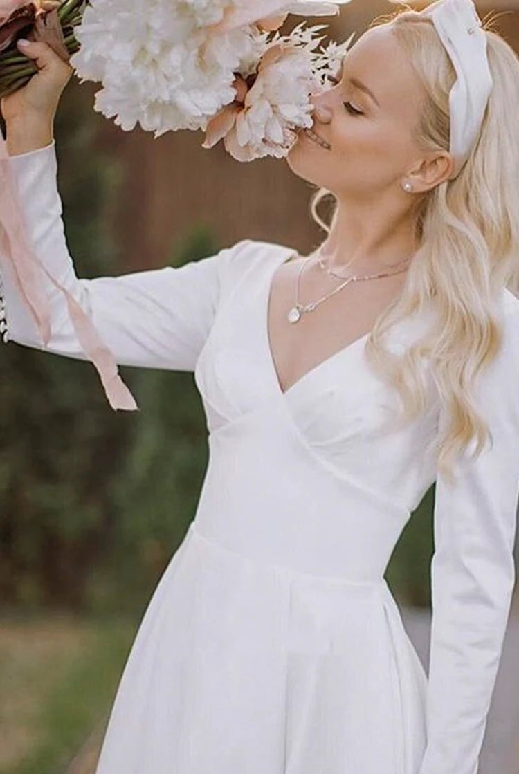Elegant V-neck Satin A-line Long Sleeve Wedding Dress With Pleats