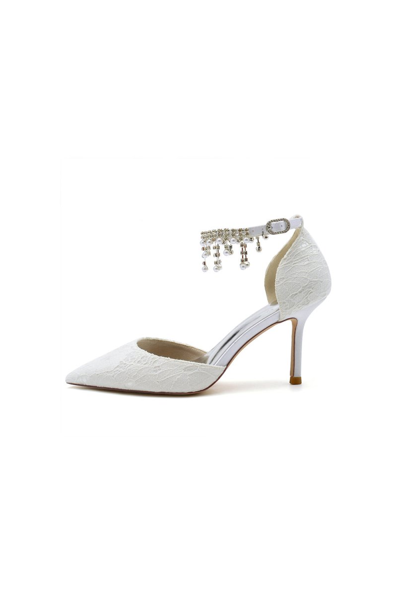 Elegant White Ankle Strap Pearl Beaded Wedding Shoes - KissProm