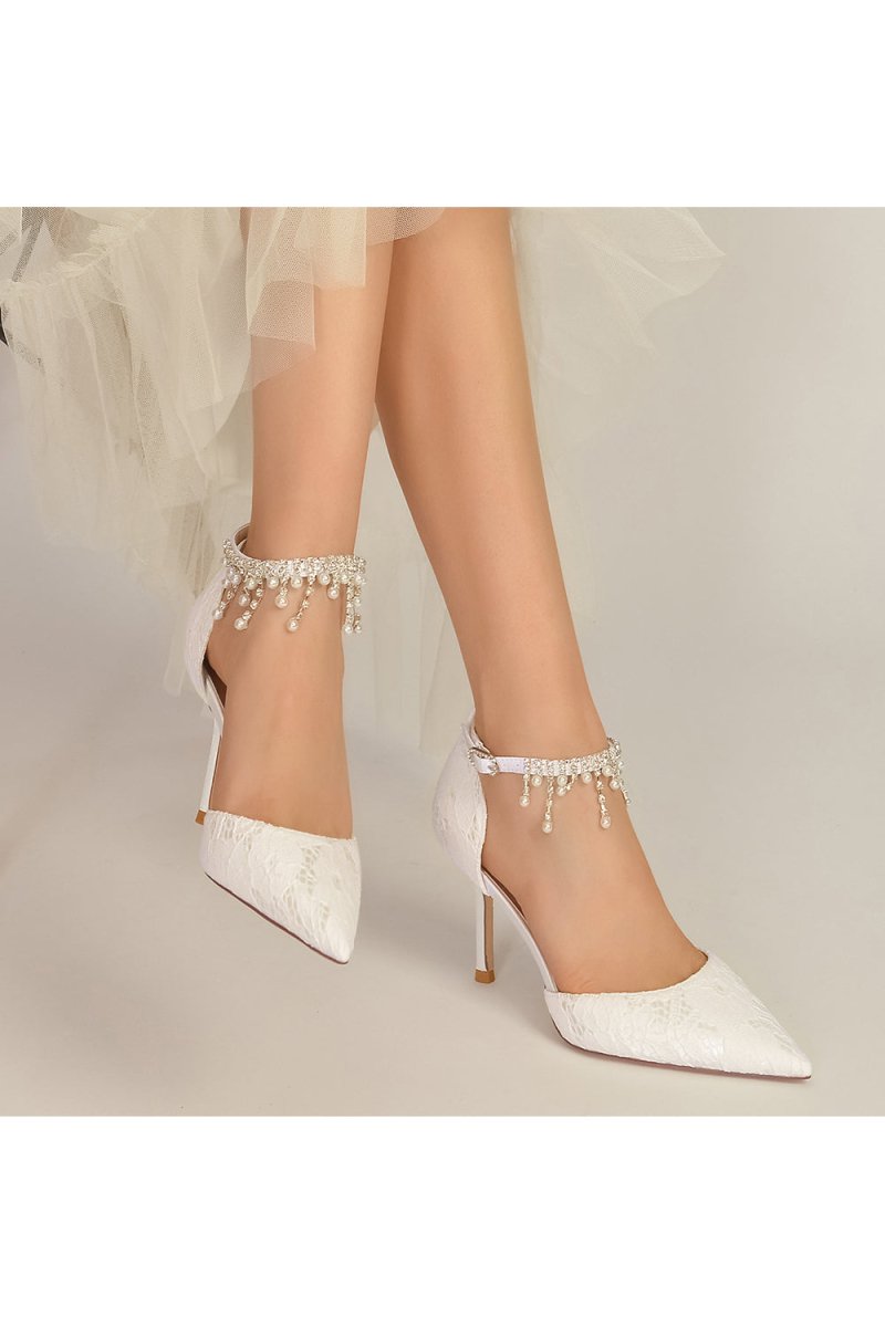 Elegant White Ankle Strap Pearl Beaded Wedding Shoes - KissProm