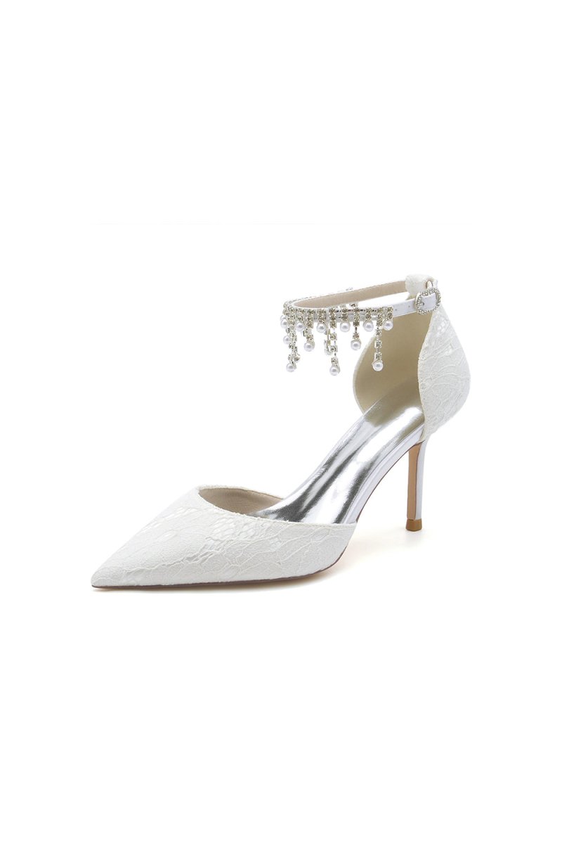 Elegant White Ankle Strap Pearl Beaded Wedding Shoes - KissProm