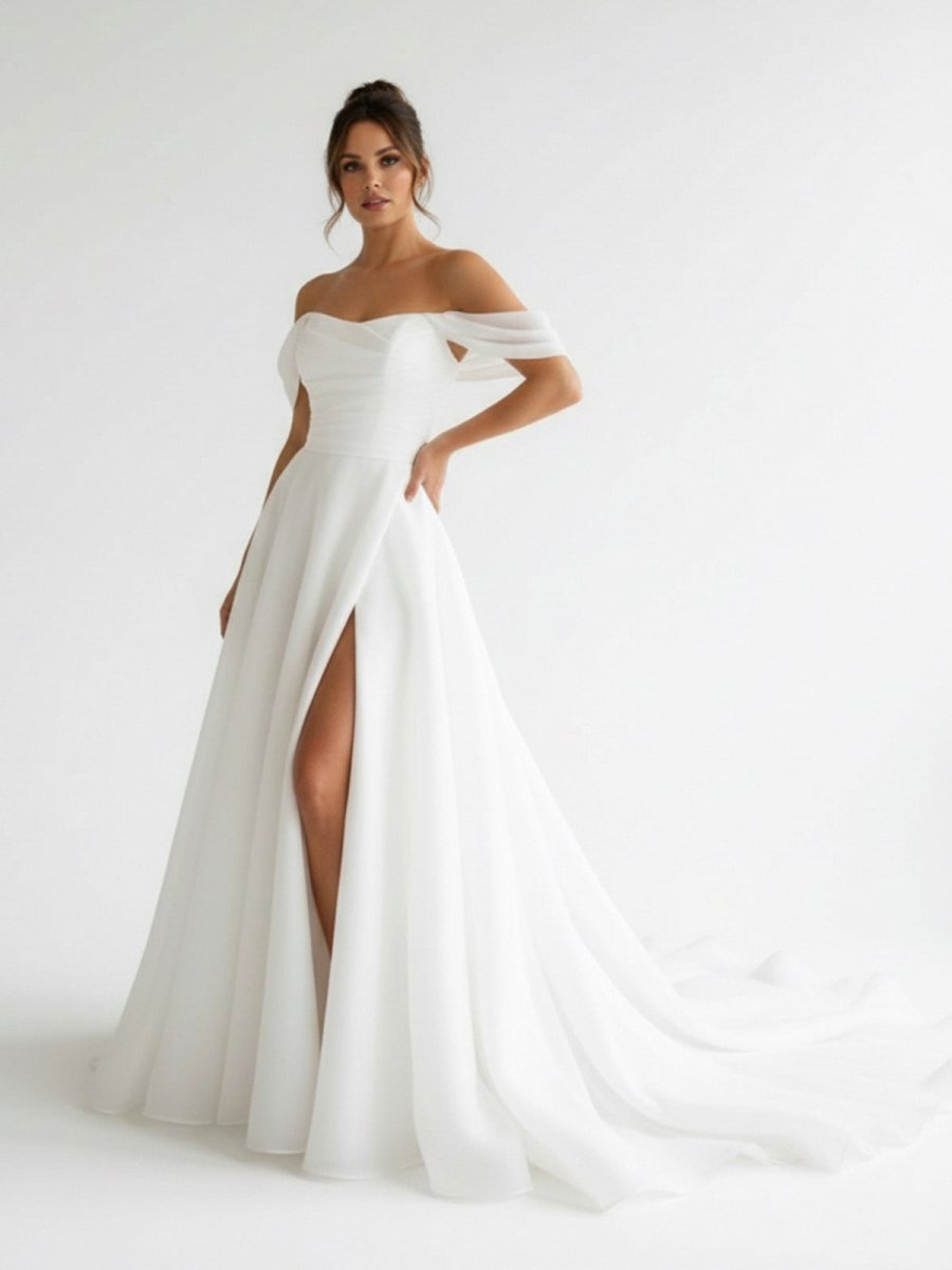 Elegant White Off - the - Shoulder Long Wedding Dress with Slit - KissProm