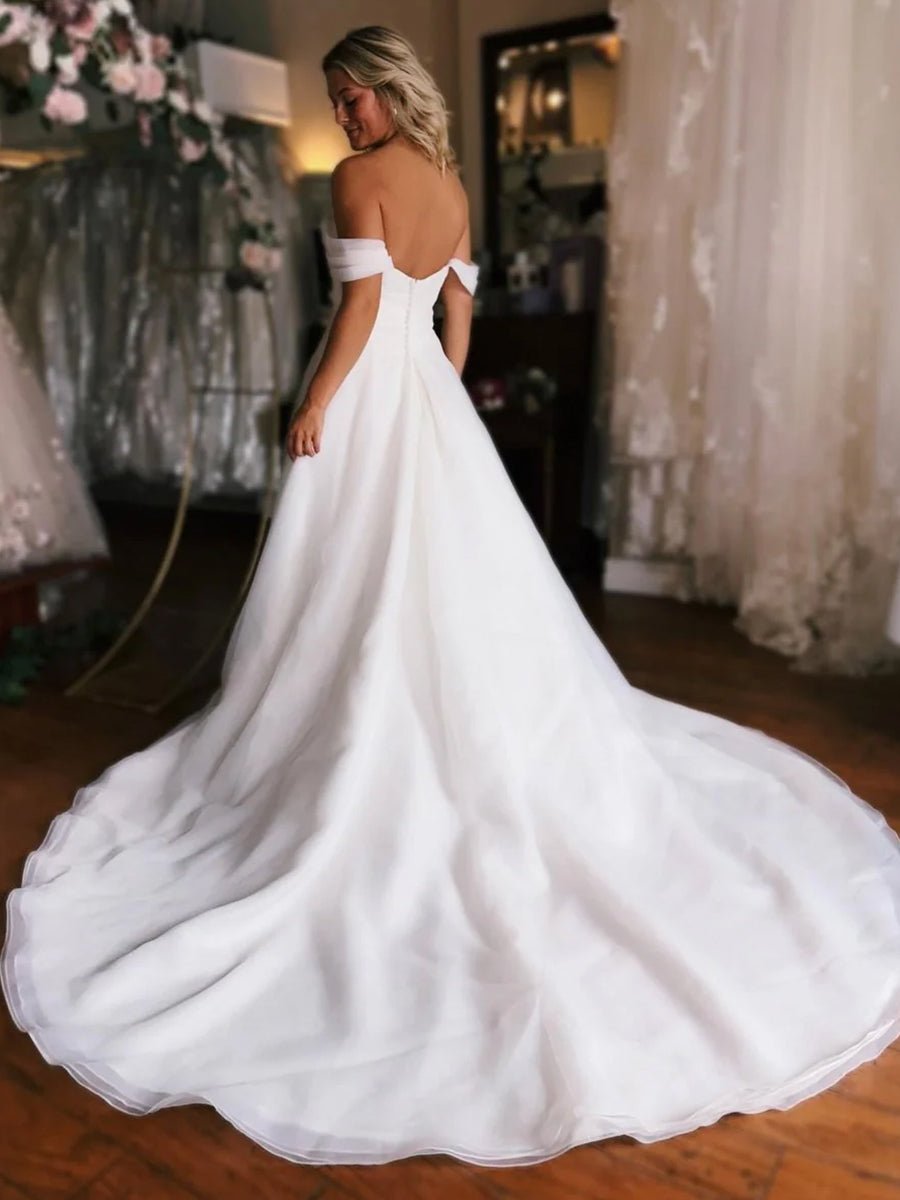 Elegant White Off - the - Shoulder Long Wedding Dress with Slit - KissProm