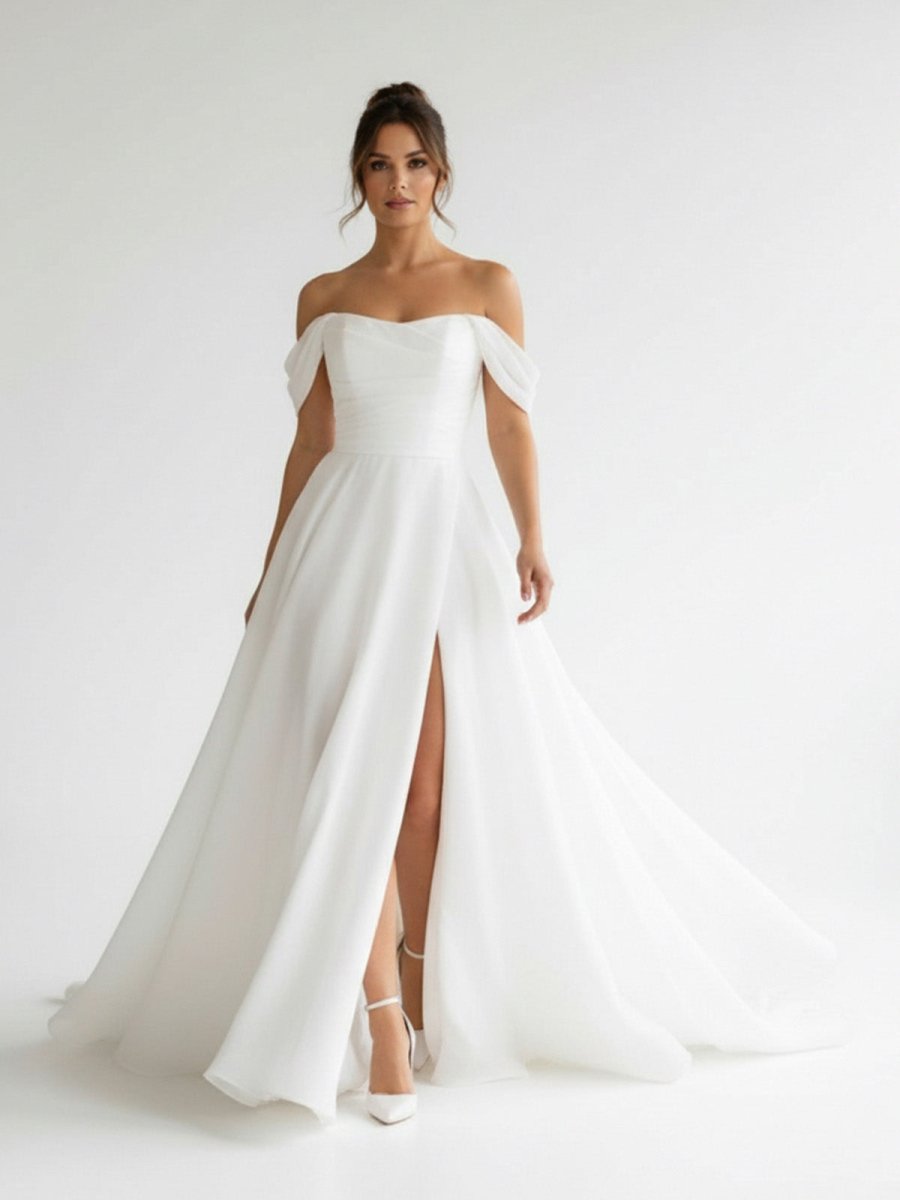 Elegant White Off - the - Shoulder Long Wedding Dress with Slit - KissProm