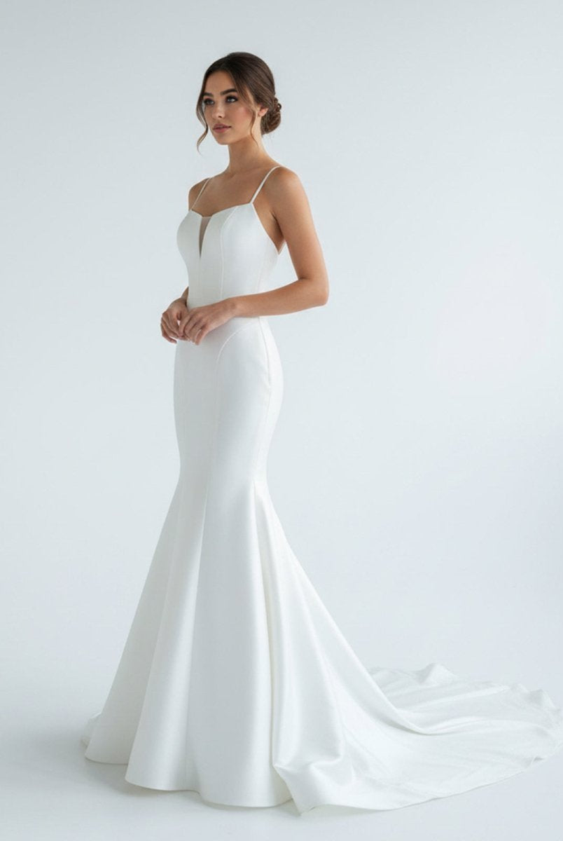 Mermaid White Spaghetti Straps Long Lace Wedding Dress - KissProm