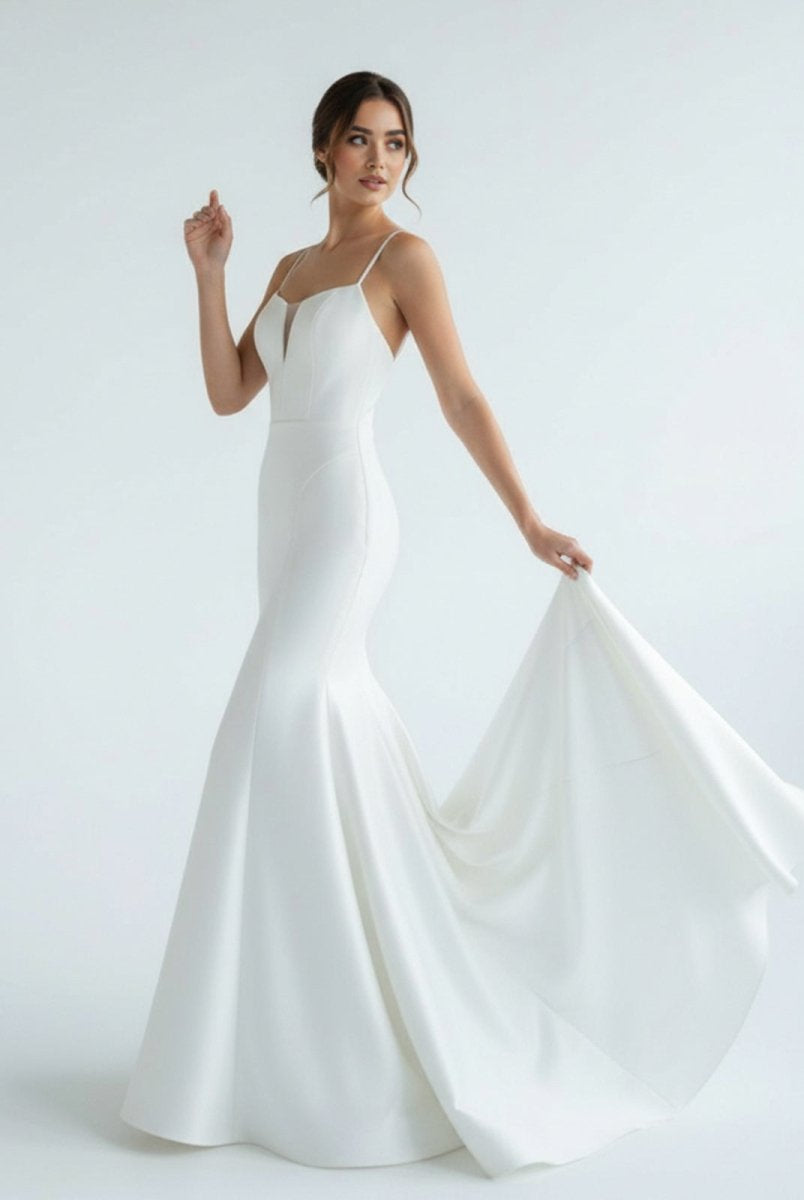 Mermaid White Spaghetti Straps Long Lace Wedding Dress - KissProm