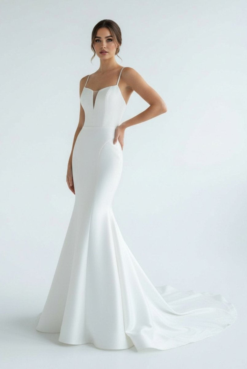 Mermaid White Spaghetti Straps Long Lace Wedding Dress - KissProm