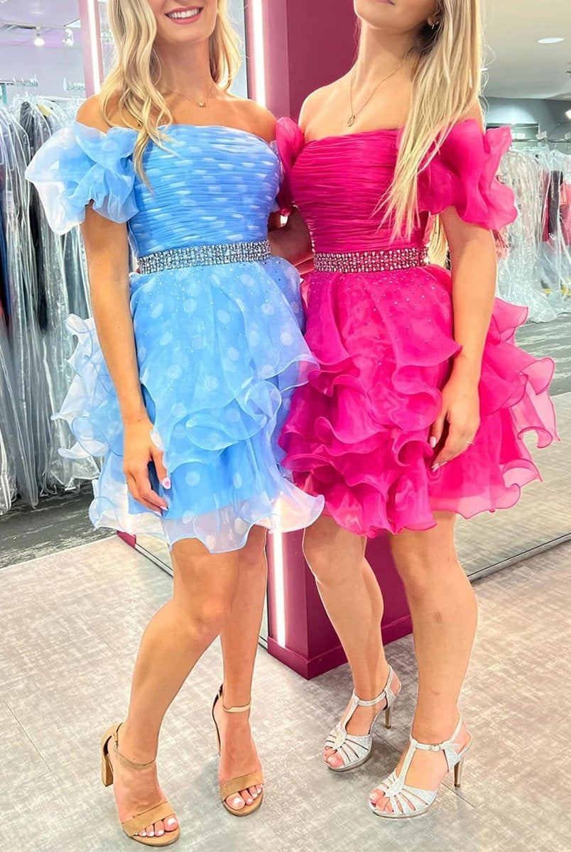 Eliora | Blue - Off The Shoulder A Line Tulle Short Homecoming Dress With Beading