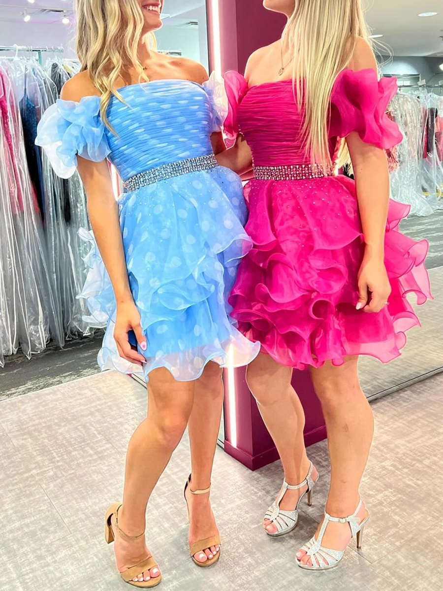 Eliora | Blue - Off The Shoulder A Line Tulle Short Homecoming Dress With Beading