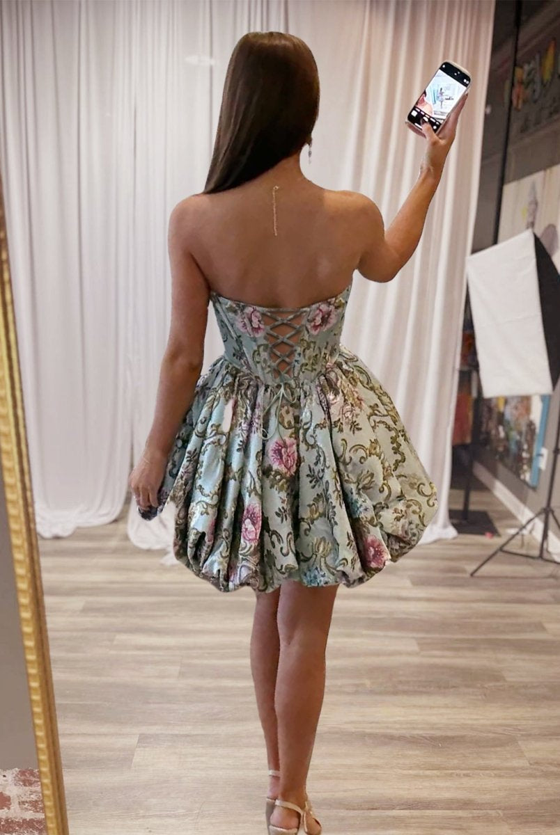Elira | Sky Blue - A Line Brocade Strapless Corset Floral Homecoming Dress with Bubble Hem