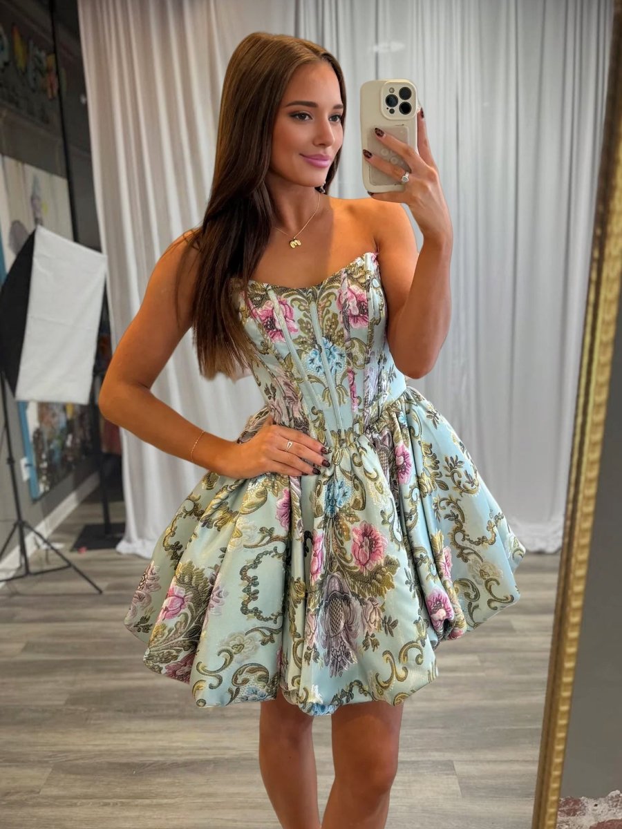 Elira | Sky Blue - A Line Brocade Strapless Corset Floral Homecoming Dress with Bubble Hem