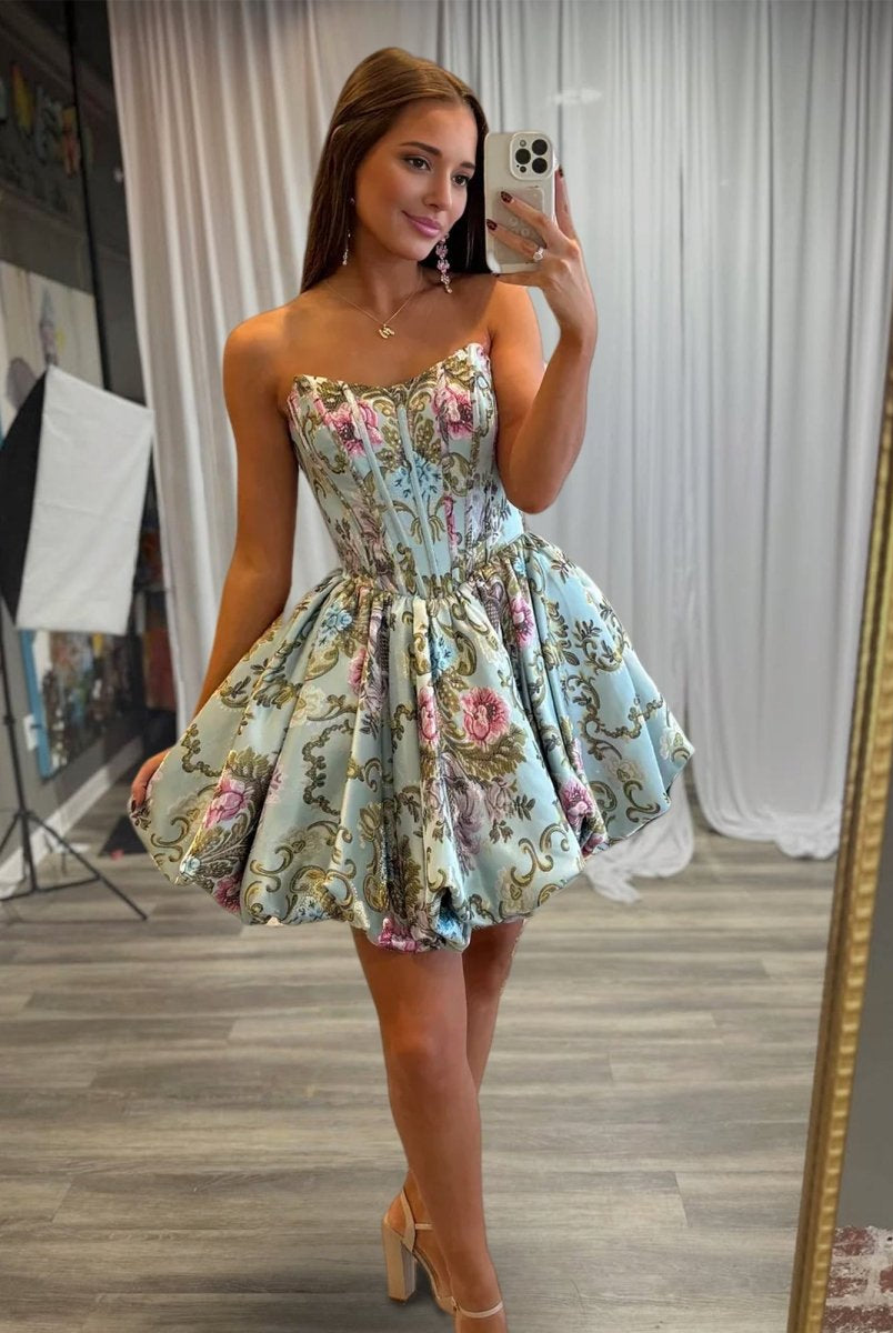 Elira | Sky Blue - A Line Brocade Strapless Corset Floral Homecoming Dress with Bubble Hem