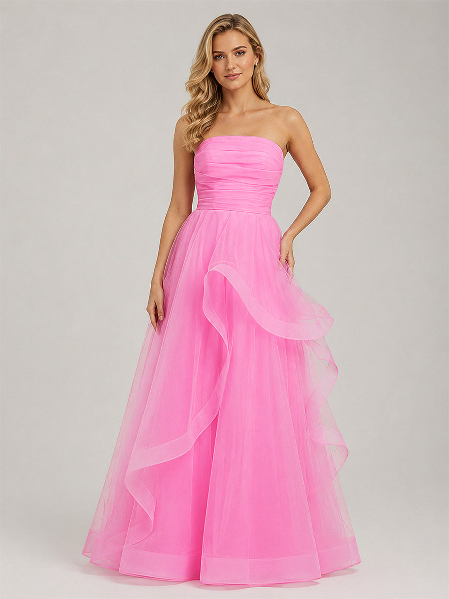 KissProm Light Pink A Line Strapless Organza Prom Dress, Candy Pink / 6