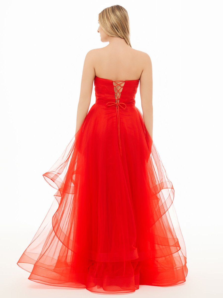 KissProm-Elisa Red A Line Strapless Organza Prom Dress