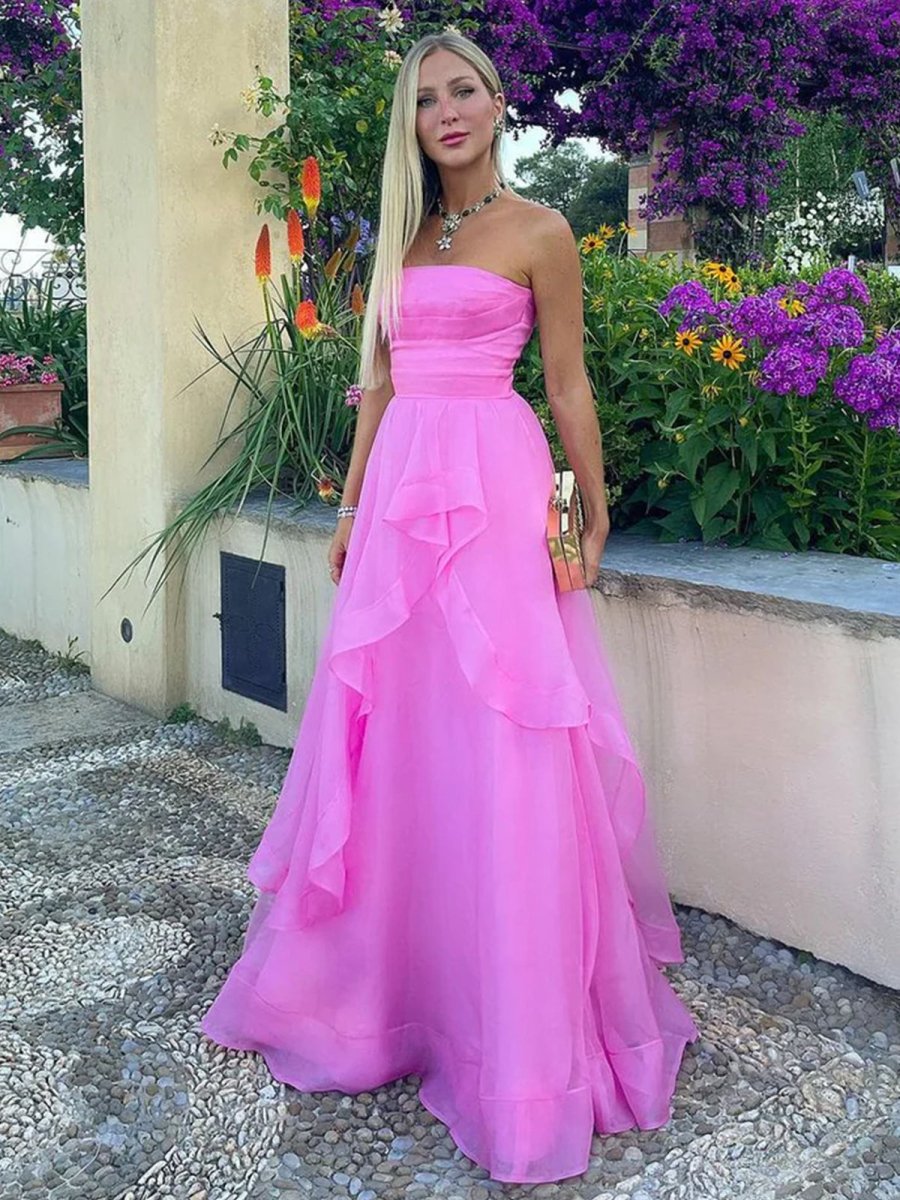 KissProm-Elisa Fuchsia A Line Strapless Organza Prom Dress