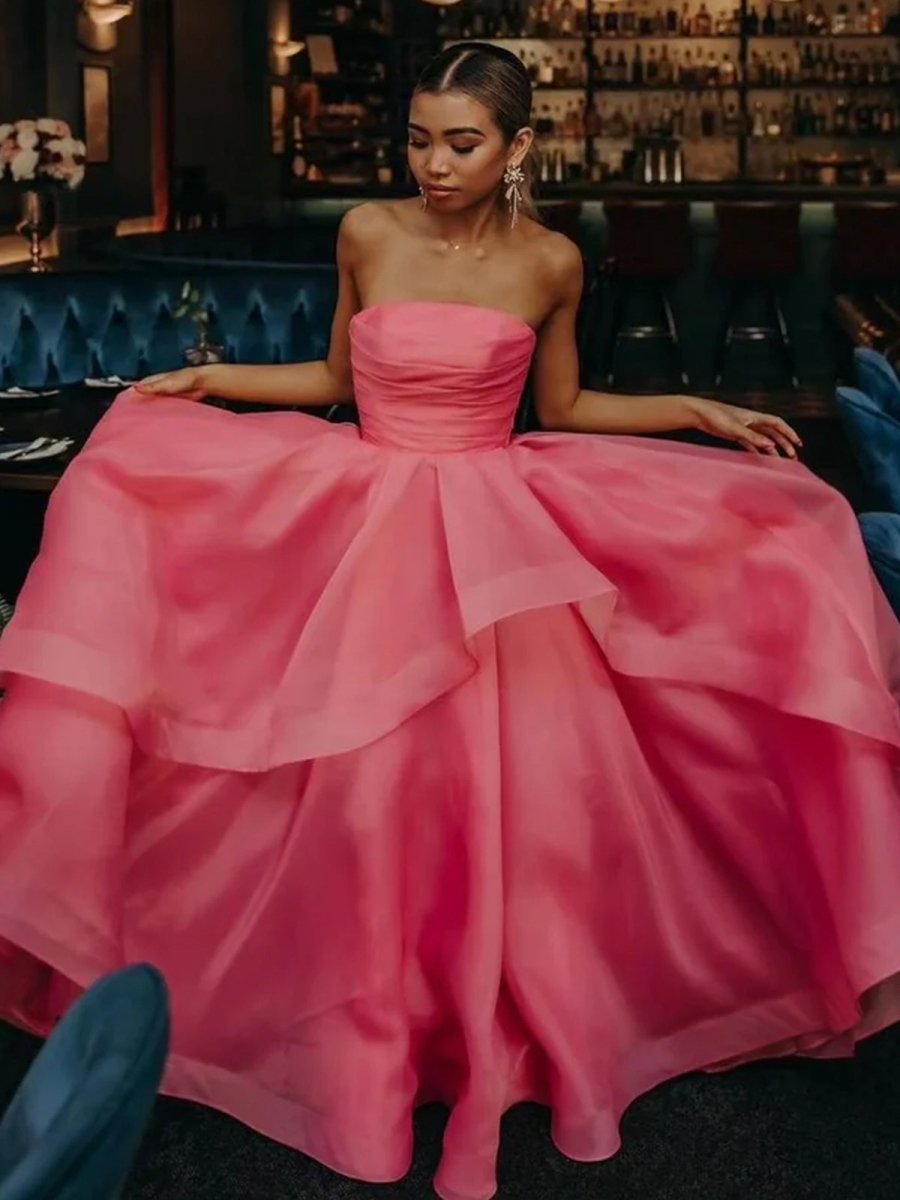 Elisa |Light Pink A Line Strapless Organza Prom Dress