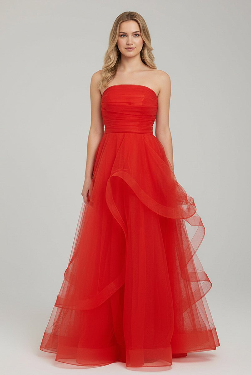 KissProm-Elisa Red A Line Strapless Organza Prom Dress