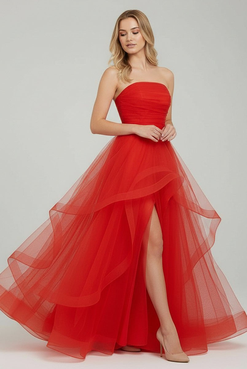 KissProm-Elisa Red A Line Strapless Organza Prom Dress
