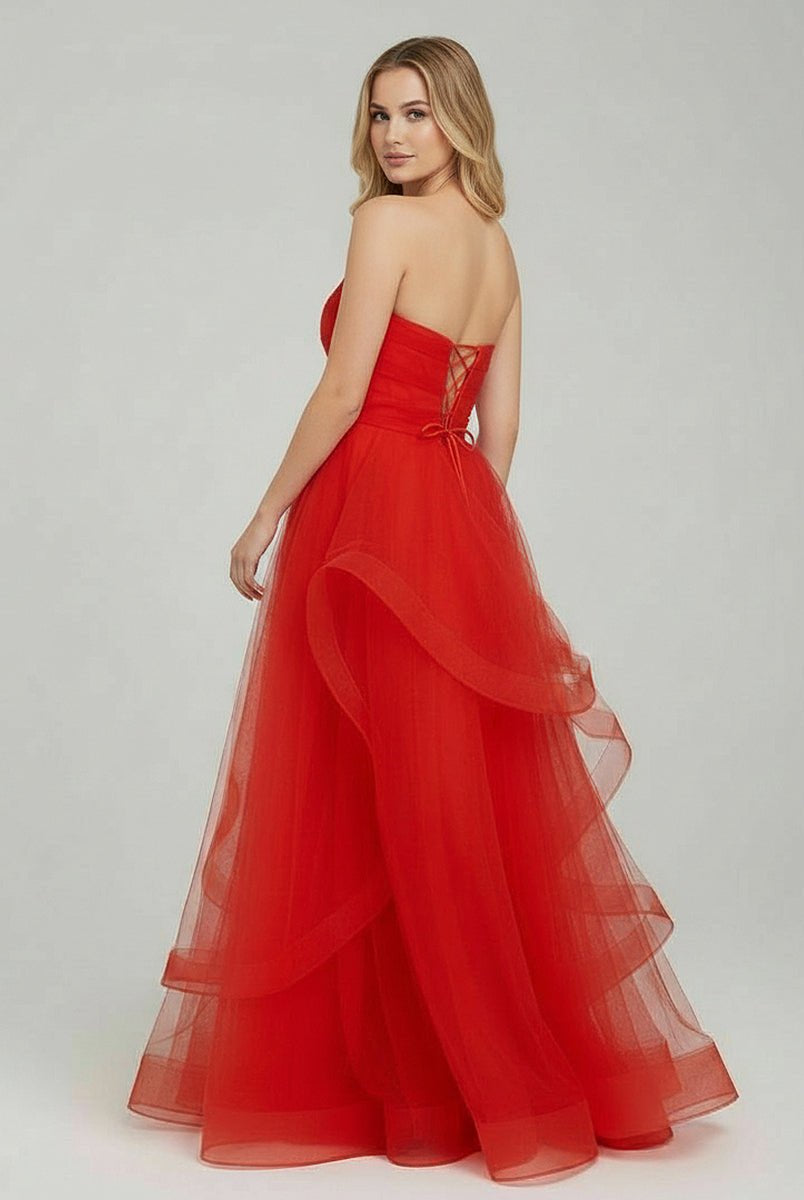 KissProm-Elisa Red A Line Strapless Organza Prom Dress