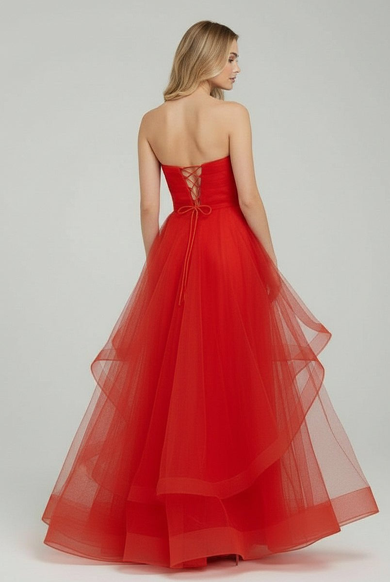 KissProm-Elisa Red A Line Strapless Organza Prom Dress