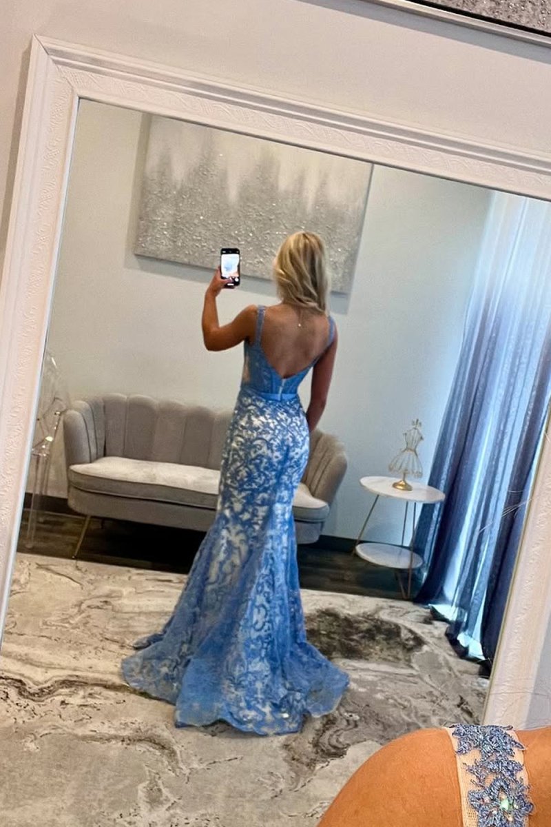Elise | Gorgeous Mermaid Scoop Neck Blue Lace Prom Dress