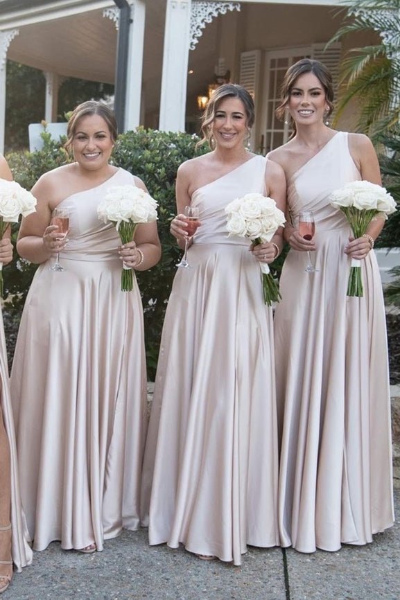 Light Pink One Shoulder A - line Satin Long Bridesmaid Dress with Slit - KissProm