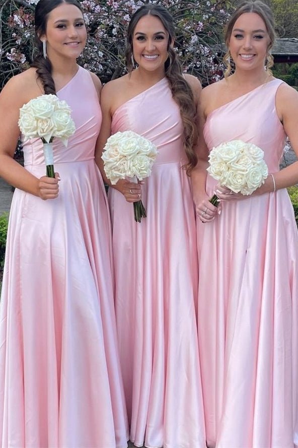 Light Pink One Shoulder A - line Satin Long Bridesmaid Dress with Slit - KissProm