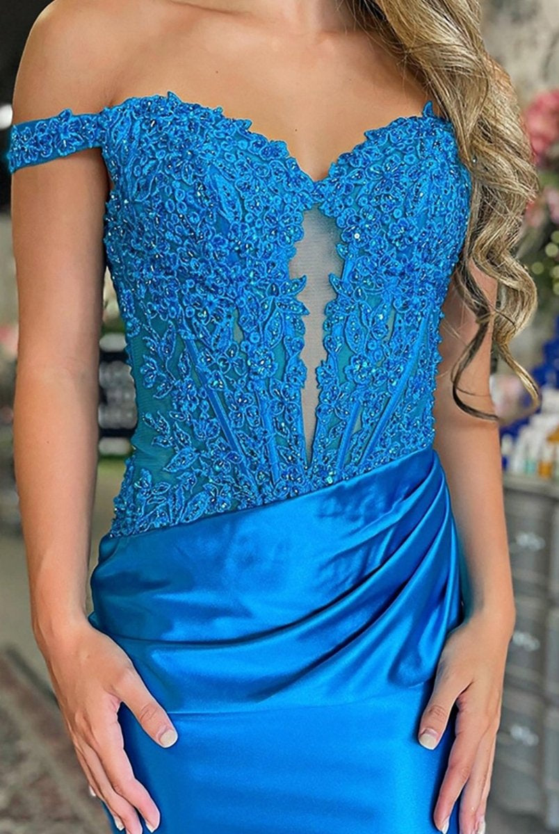 Elka | Periwinkle - Off The Shoulder Bodycon Satin Pleated Homecoming Dresses With Appliques