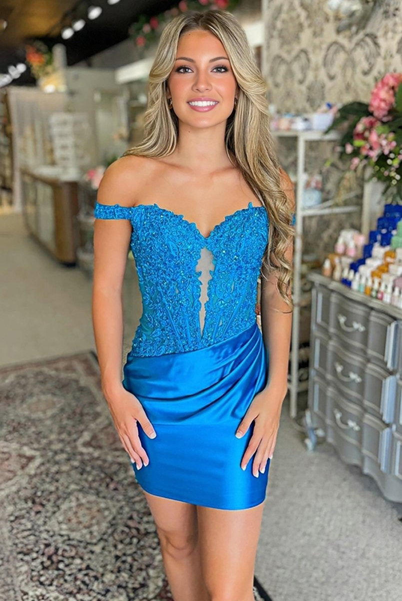 Elka | Periwinkle - Off The Shoulder Bodycon Satin Pleated Homecoming Dresses With Appliques