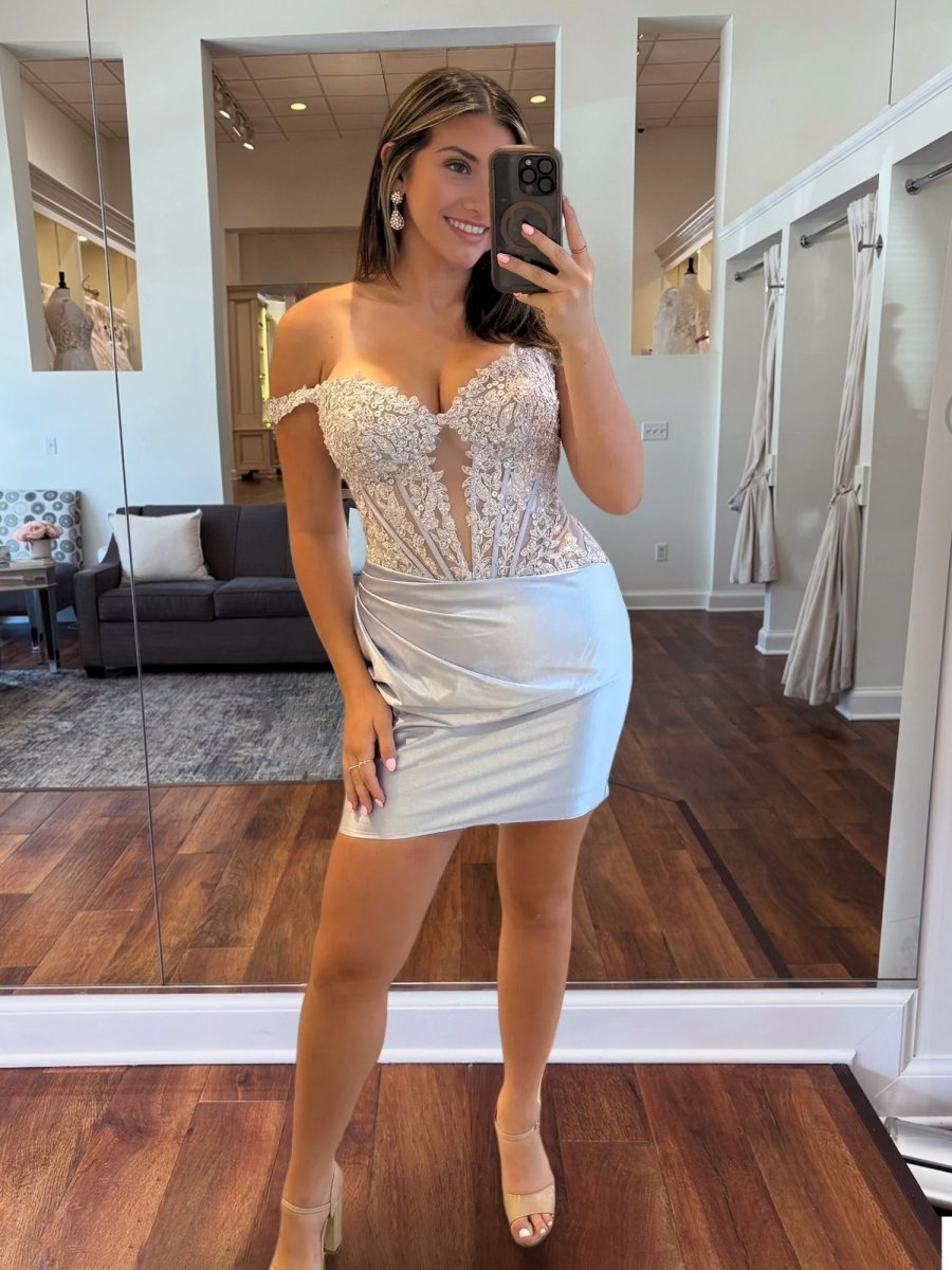 Elka | Silver - Off The Shoulder Bodycon Satin Pleated Homecoming Dresses With Appliques