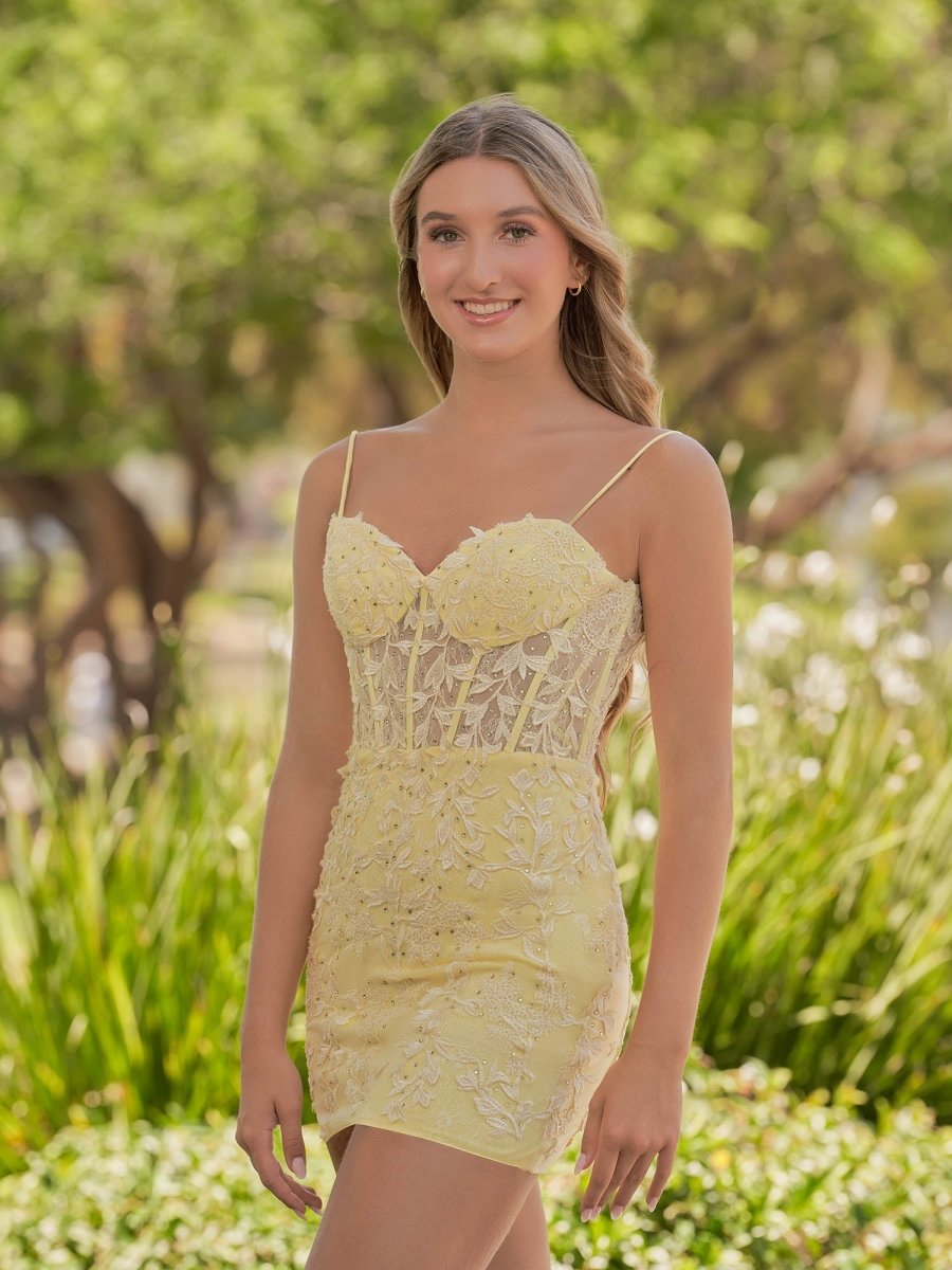 Ellie | Yellow Spaghetti Straps Tight Short Homecoming Dress with Appliques
