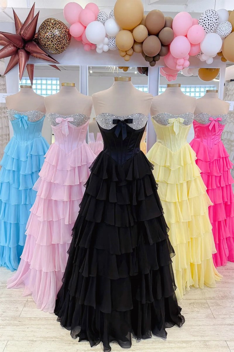 Ellira | Black - Sweetheart A Line Chiffon Ruffled Long Formal Prom Dresses With Beading - KissProm