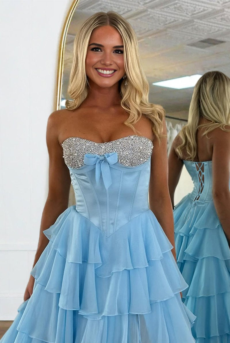 Ellira | Pink - Sweetheart A Line Chiffon Ruffled Long Formal Prom Dresses With Beading - KissProm