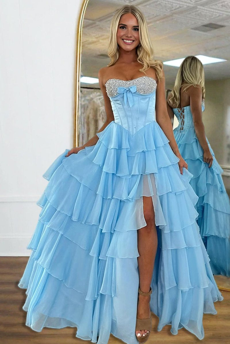 Ellira | Pink - Sweetheart A Line Chiffon Ruffled Long Formal Prom Dresses With Beading - KissProm