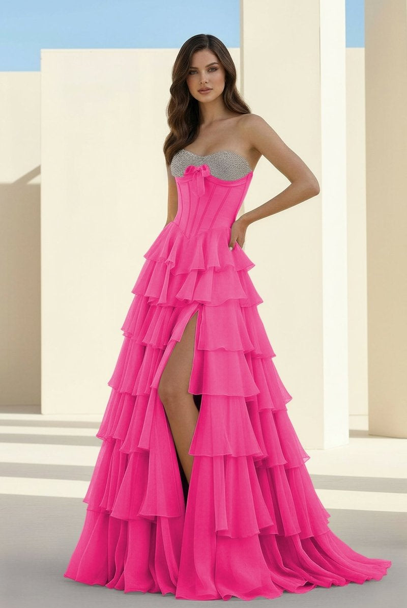 Ellira | Pink - Sweetheart A Line Chiffon Ruffled Long Formal Prom Dresses With Beading - KissProm