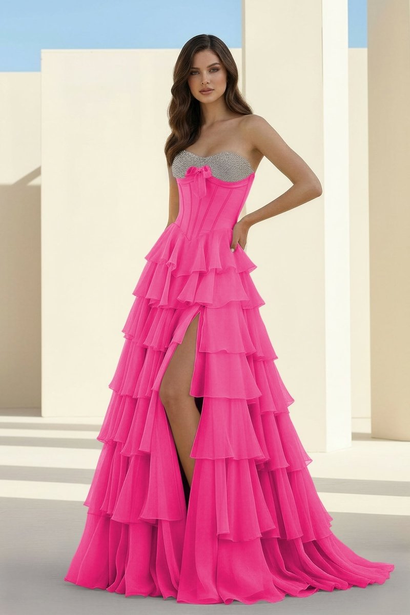 Ellira | Hot Pink - Sweetheart A Line Chiffon Ruffled Long Formal Prom Dresses With Beading -KissProm