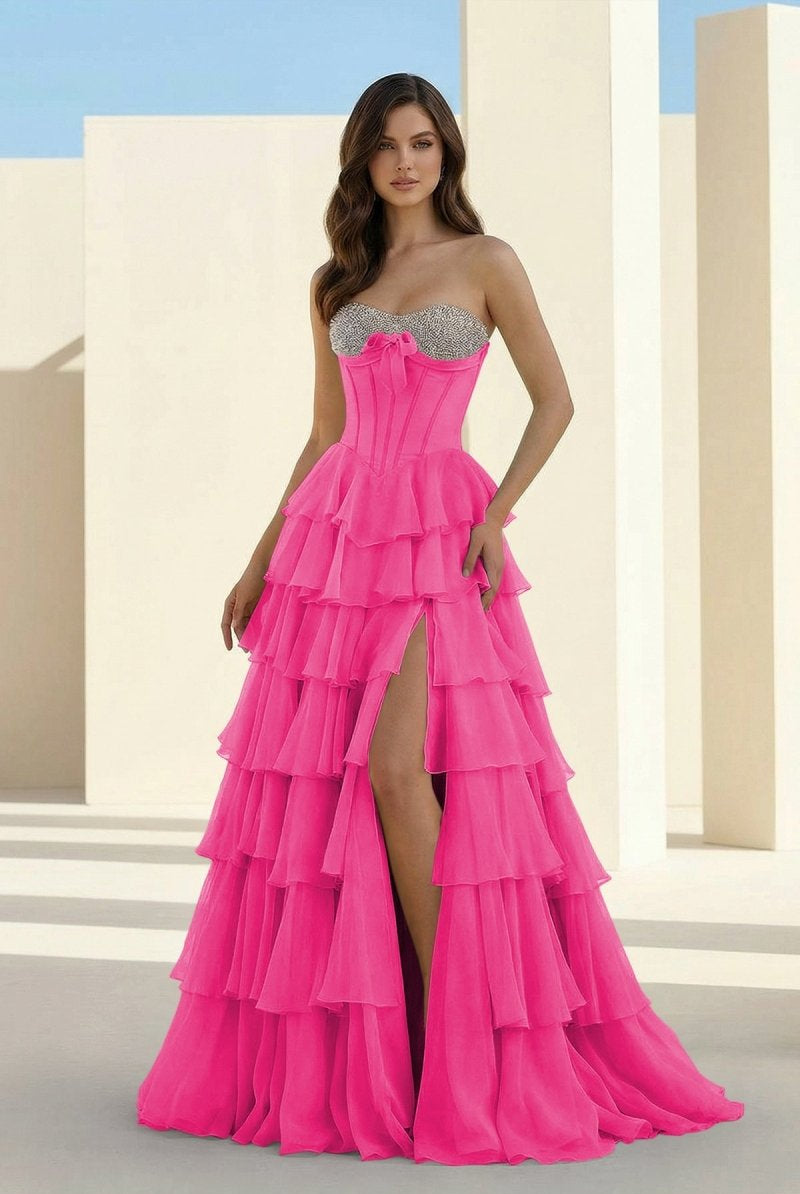 Ellira | Pink - Sweetheart A Line Chiffon Ruffled Long Formal Prom Dresses With Beading - KissProm