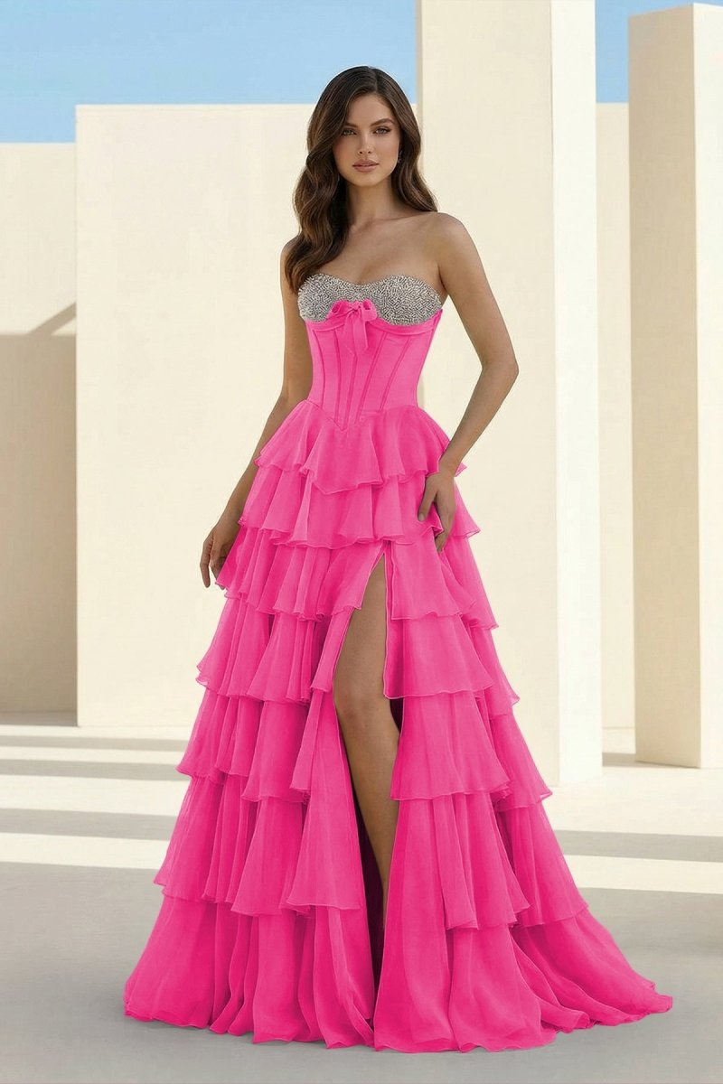 Ellira | Hot Pink - Sweetheart A Line Chiffon Ruffled Long Formal Prom Dresses With Beading -KissProm