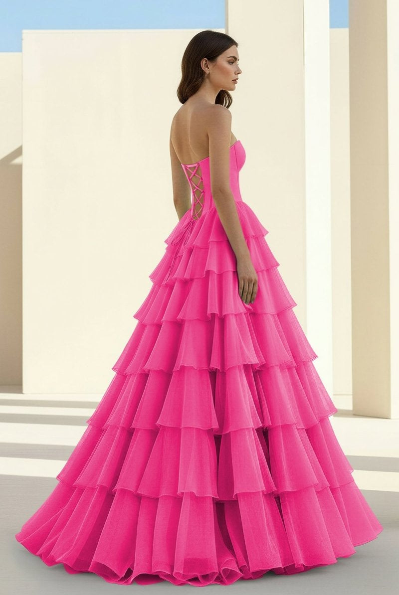 Ellira | Pink - Sweetheart A Line Chiffon Ruffled Long Formal Prom Dresses With Beading - KissProm
