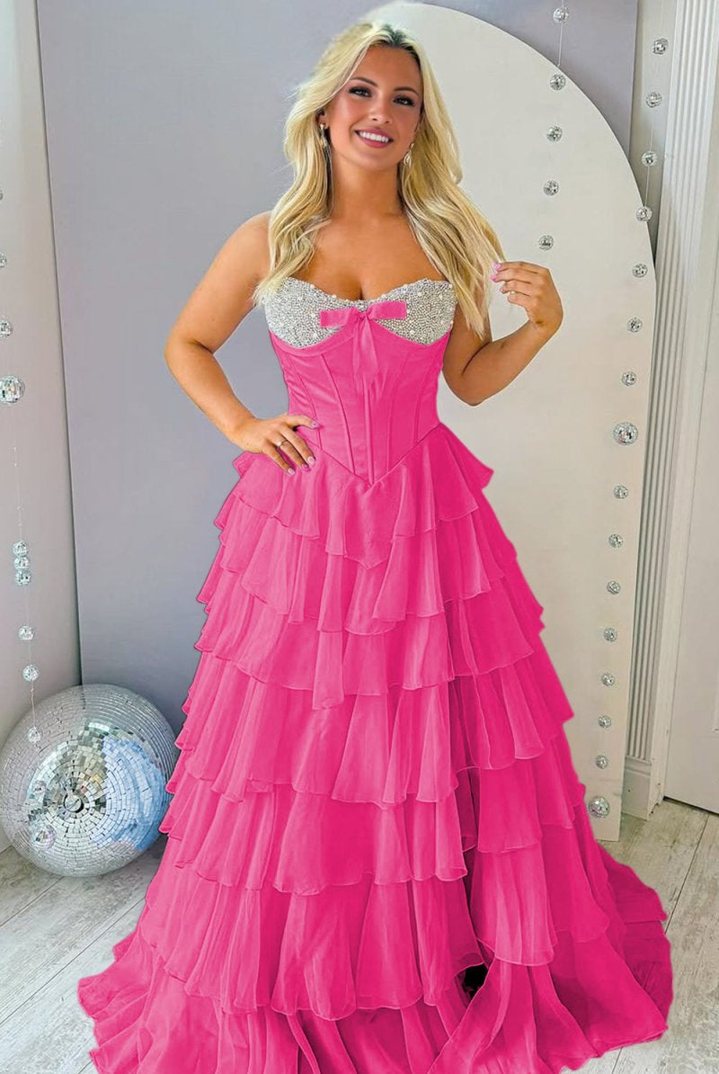 Ellira | Pink - Sweetheart A Line Chiffon Ruffled Long Formal Prom Dresses With Beading - KissProm