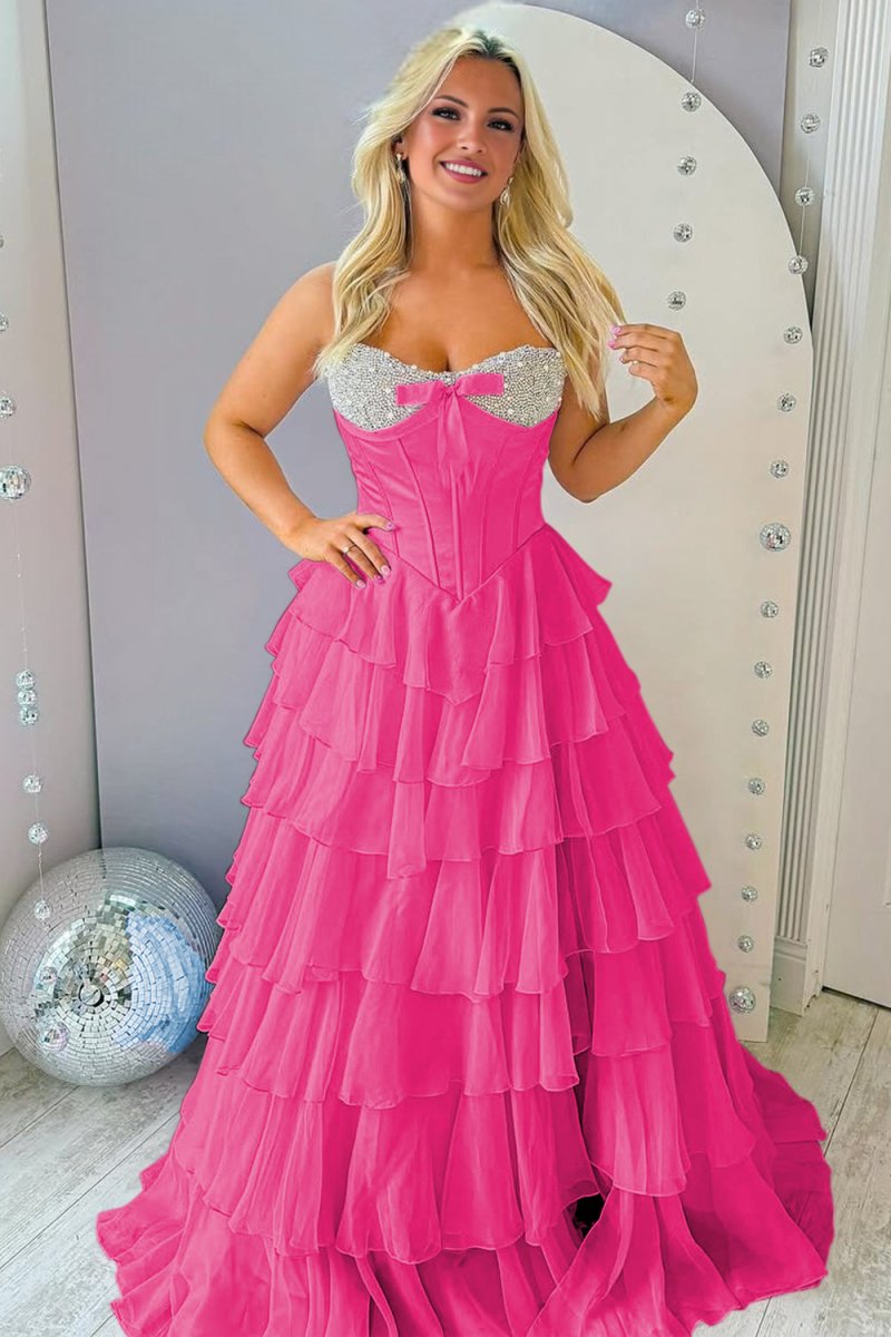Ellira | Pink - Sweetheart A Line Chiffon Ruffled Long Formal Prom Dresses With Beading - KissProm