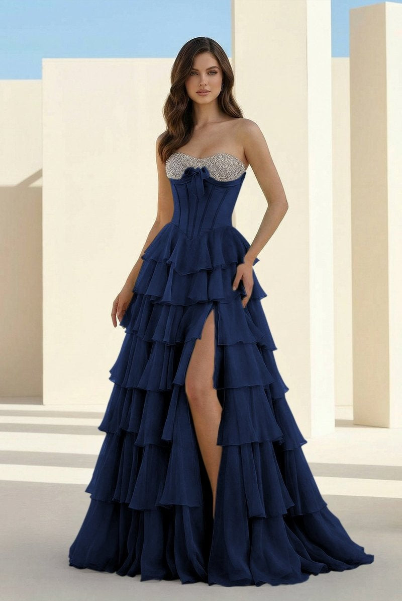 Ellira | Pink - Sweetheart A Line Chiffon Ruffled Long Formal Prom Dresses With Beading - KissProm